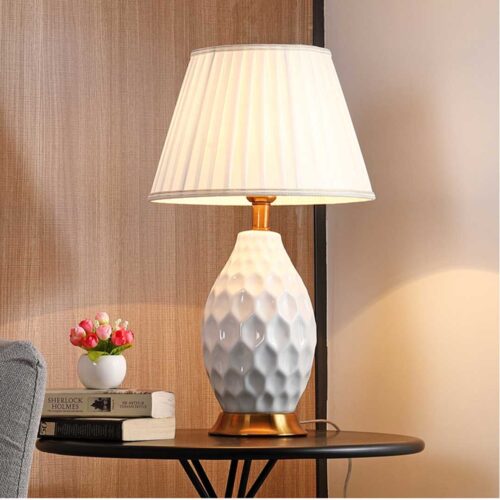 2x Textured Ceramic Oval Table Lamp with Gold Metal Base White - Image 5