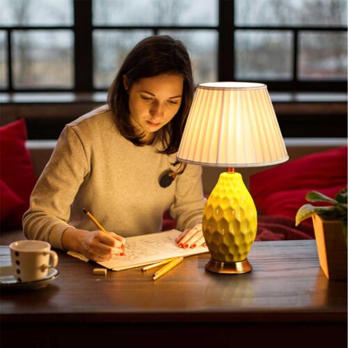 2x Textured Ceramic Oval Table Lamp with Gold Metal Base Yellow - Image 4