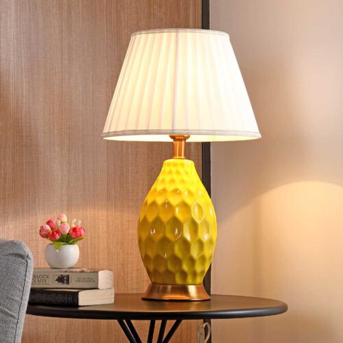 2x Textured Ceramic Oval Table Lamp with Gold Metal Base Yellow - Image 5