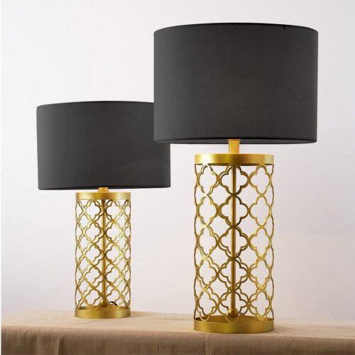 2x Golden Hollowed Out Base Table Lamp with Dark Shade - Image 4