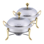 2x Stainless Steel Gold Accents Round Buffet Chafing Dish Cater Food Warmer Chafer with Glass Top Lid