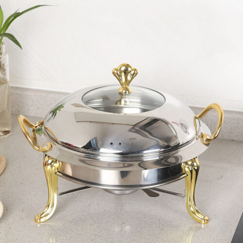 2x Stainless Steel Gold Accents Round Buffet Chafing Dish Cater Food Warmer Chafer with Glass Top Lid - Image 2