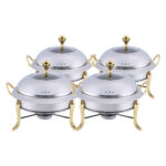4x Stainless Steel Gold Accents Round Buffet Chafing Dish Cater Food Warmer Chafer with Glass Top Lid