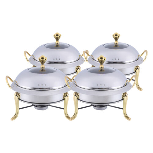 4x Stainless Steel Gold Accents Round Buffet Chafing Dish Cater Food Warmer Chafer with Glass Top Lid