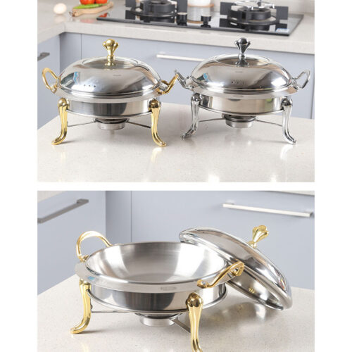 4x Stainless Steel Gold Accents Round Buffet Chafing Dish Cater Food Warmer Chafer with Glass Top Lid - Image 3
