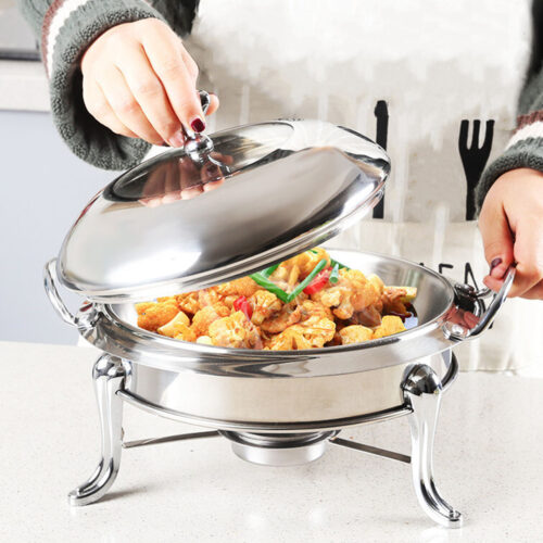 4x Stainless Steel Gold Accents Round Buffet Chafing Dish Cater Food Warmer Chafer with Glass Top Lid - Image 4