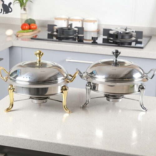 4x Stainless Steel Gold Accents Round Buffet Chafing Dish Cater Food Warmer Chafer with Glass Top Lid - Image 9
