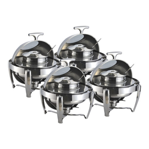 4x 6.5L Stainless Steel Round Soup Tureen Bowl Station Roll Top Buffet Chafing Dish Catering Chafer Food Warmer Server