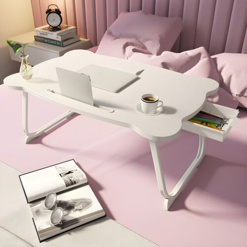 White Portable Bed Table Adjustable Folding Mini Desk with Mini Drawer Cup Holder - Image 2