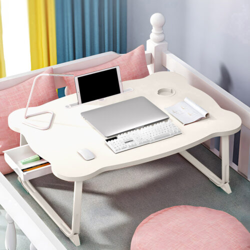 White Portable Bed Table Adjustable Folding Mini Desk with Mini Drawer Cup Holder - Image 3