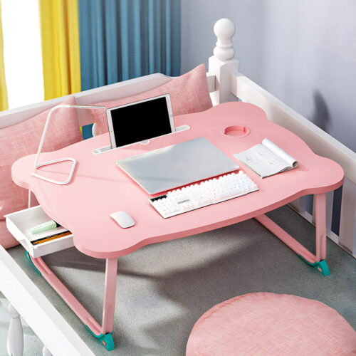 Pink Portable Bed Table Adjustable Folding Mini Desk with Mini Drawer Cup Holder - Image 3