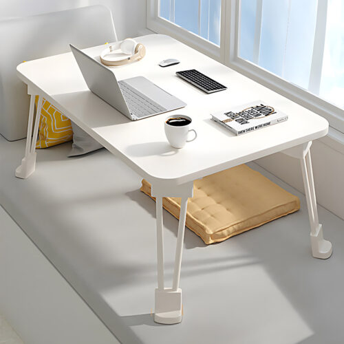 White Portable Bed Table Adjustable Folding Mini Desk with Cup Holder - Image 2