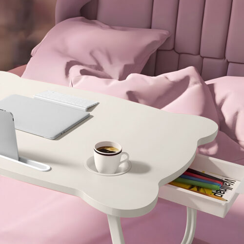 2x White Portable Bed Table Adjustable Folding Mini Desk with Mini Drawer Cup Holder - Image 5