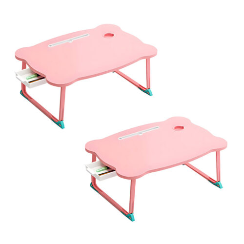 2x Pink Portable Bed Table Adjustable Folding Mini Desk with Mini Drawer Cup Holder