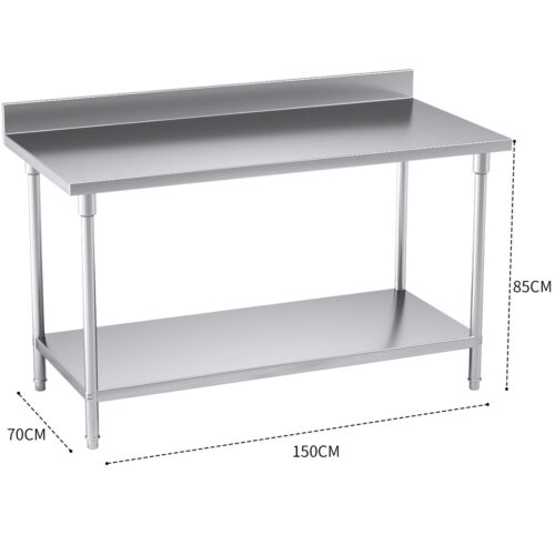 Commercial Catering Kitchen Stainless Steel Prep Work Bench Table with Back-splash 150*70*85cm - Image 3