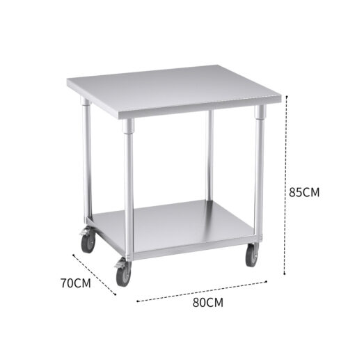 80cm Commercial Catering Kitchen Stainless Steel Prep Work Bench Table with Wheels - Image 3