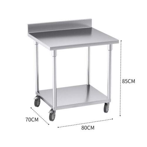 80cm Commercial Catering Kitchen Stainless Steel Prep Work Bench Table with Backsplash Caster Wheels - Image 3