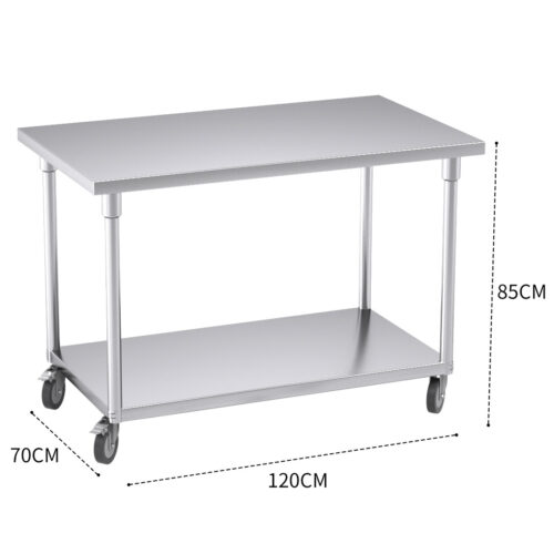 120cm Commercial Catering Kitchen Stainless Steel Prep Work Bench Table with Wheels - Image 3