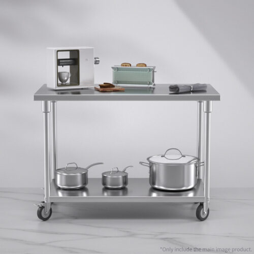 120cm Commercial Catering Kitchen Stainless Steel Prep Work Bench Table with Wheels - Image 4