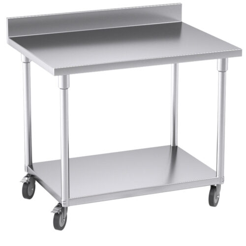 100cm Commercial Catering Kitchen Stainless Steel Prep Work Bench Table with Backsplash Caster Wheels