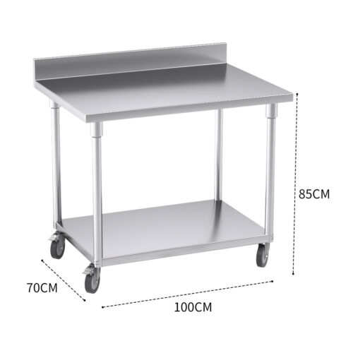 100cm Commercial Catering Kitchen Stainless Steel Prep Work Bench Table with Backsplash Caster Wheels - Image 3