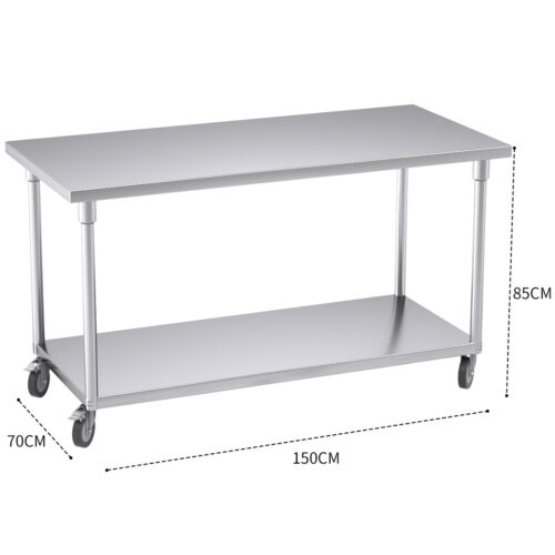 150cm Commercial Catering Kitchen Stainless Steel Prep Work Bench Table with Wheels - Image 3