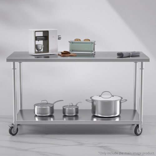 150cm Commercial Catering Kitchen Stainless Steel Prep Work Bench Table with Wheels - Image 4