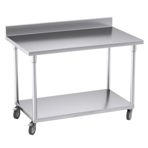120cm Commercial Catering Kitchen Stainless Steel Prep Work Bench Table with Backsplash Caster Wheels