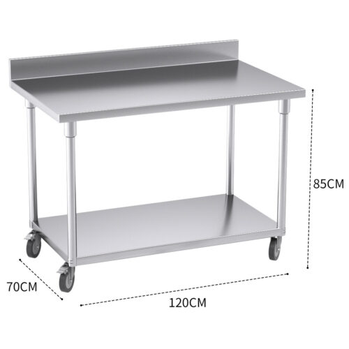 120cm Commercial Catering Kitchen Stainless Steel Prep Work Bench Table with Backsplash Caster Wheels - Image 3
