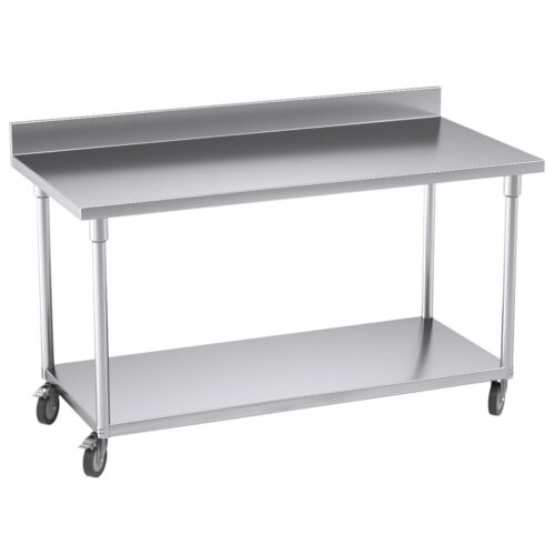 150cm Commercial Catering Kitchen Stainless Steel Prep Work Bench Table with Backsplash Caster Wheels