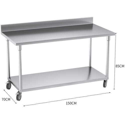 150cm Commercial Catering Kitchen Stainless Steel Prep Work Bench Table with Backsplash Caster Wheels - Image 3