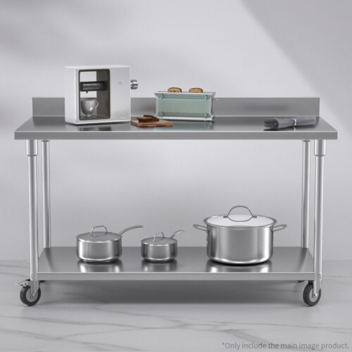 150cm Commercial Catering Kitchen Stainless Steel Prep Work Bench Table with Backsplash Caster Wheels - Image 4