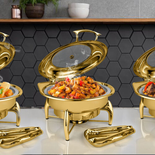 Gold Plated Stainless Steel Round Chafing Dish Tray Buffet Cater Food Warmer Chafer with Top Lid - Image 5