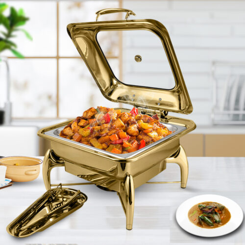 Gold Plated Stainless Steel Square Chafing Dish Tray Buffet Cater Food Warmer Chafer with Top Lid - Image 4