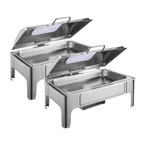 2x 9L Stainless Steel Soup Warmer Roll Top Chafer Chafing Dish Set with Glass Visual Window Lid