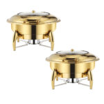2x Gold Plated Stainless Steel Round Chafing Dish Tray Buffet Cater Food Warmer Chafer with Top Lid