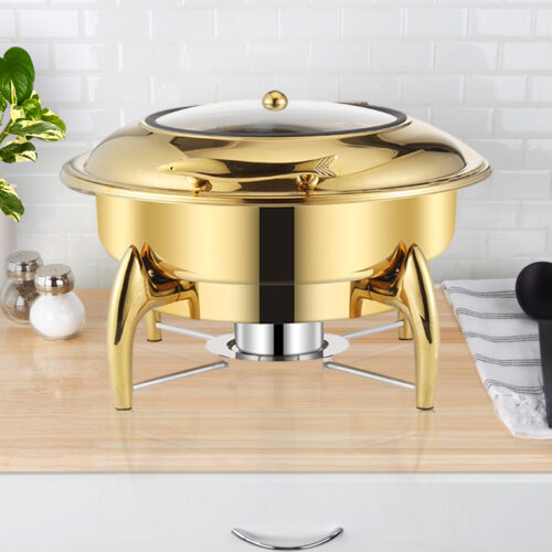 2x Gold Plated Stainless Steel Round Chafing Dish Tray Buffet Cater Food Warmer Chafer with Top Lid - Image 2
