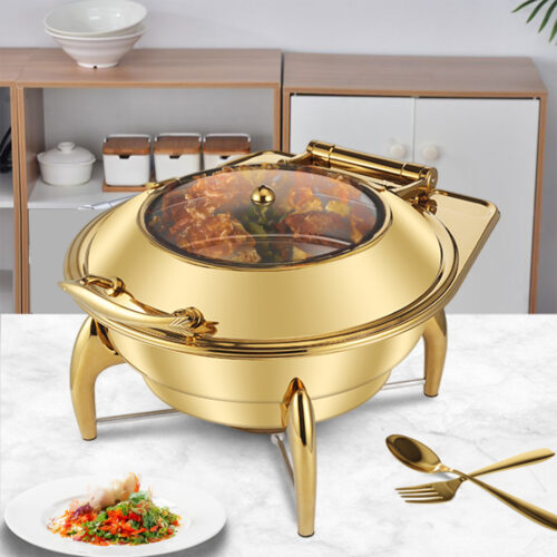 2x Gold Plated Stainless Steel Round Chafing Dish Tray Buffet Cater Food Warmer Chafer with Top Lid - Image 4