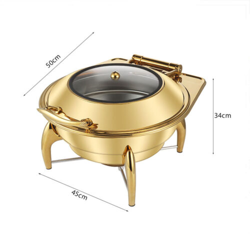2x Gold Plated Stainless Steel Round Chafing Dish Tray Buffet Cater Food Warmer Chafer with Top Lid - Image 5