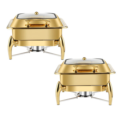 2x Gold Plated Stainless Steel Square Chafing Dish Tray Buffet Cater Food Warmer Chafer with Top Lid