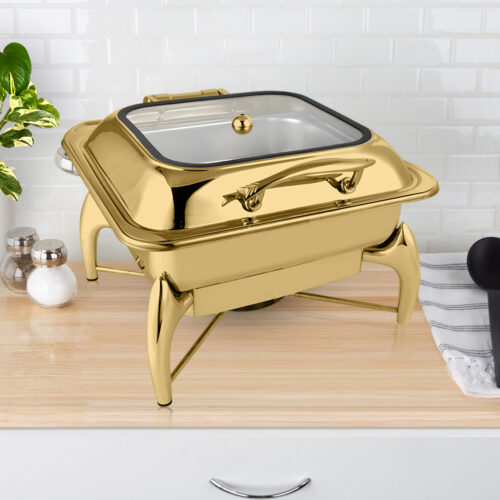 2x Gold Plated Stainless Steel Square Chafing Dish Tray Buffet Cater Food Warmer Chafer with Top Lid - Image 2
