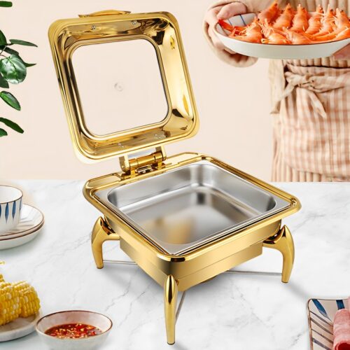 2x Gold Plated Stainless Steel Square Chafing Dish Tray Buffet Cater Food Warmer Chafer with Top Lid - Image 3