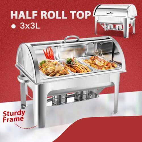 4x 3L Triple Tray Stainless Steel Roll Top Chafing Dish Food Warmer - Image 3