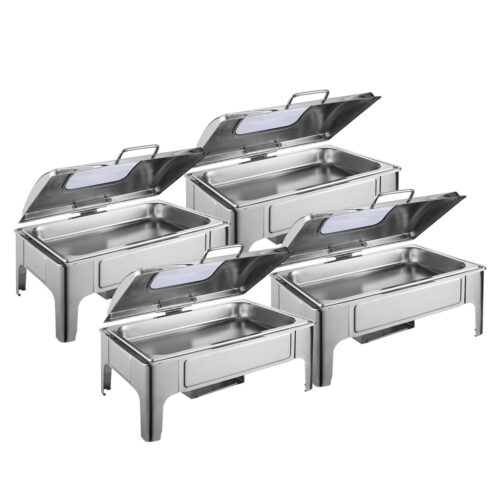 4x 9L Stainless Steel Soup Warmer Roll Top Chafer Chafing Dish Set with Glass Visual Window Lid