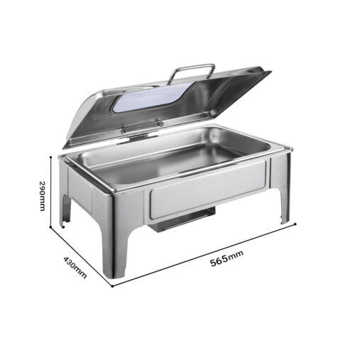 4x 9L Stainless Steel Soup Warmer Roll Top Chafer Chafing Dish Set with Glass Visual Window Lid - Image 2