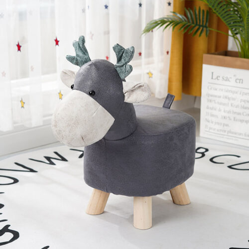 Grey Children Bench Deer Character Round Ottoman Stool Soft Small Comfy Seat Decor - Image 2