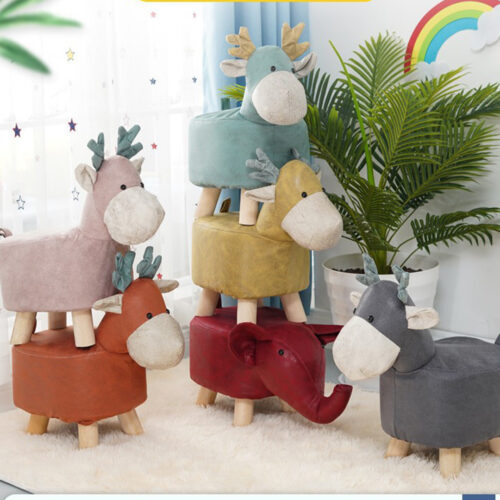 Grey Children Bench Deer Character Round Ottoman Stool Soft Small Comfy Seat Decor - Image 3