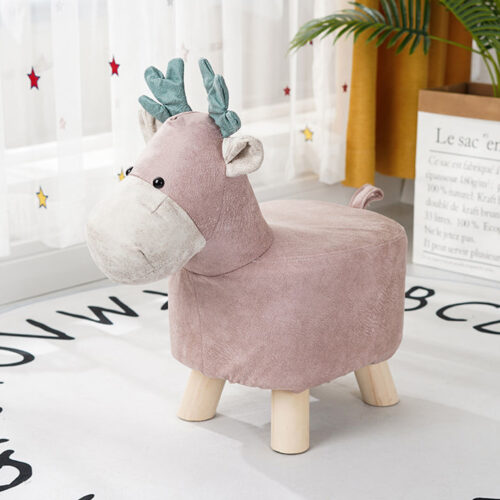 Pink Children Bench Deer Character Round Ottoman Stool Soft Small Comfy Seat Decor - Image 2