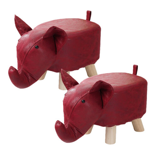 2x Red Children Bench Elephant Character Round Ottoman Stool Soft Small Comfy Seat Decor