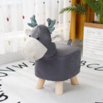 2x Grey Children Bench Deer Character Round Ottoman Stool Soft Small Comfy Seat Decor